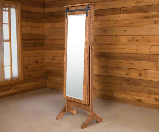 Amish Sliding Door Cheval Mirror - Barn Track Crown - Rough Sawn Cheval Mirrors Farmhouse Rough Sawn