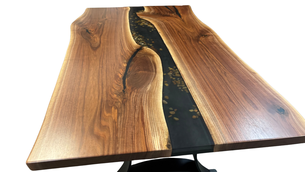 Amish Golden Gate Epoxy River Rock Live Edge Table