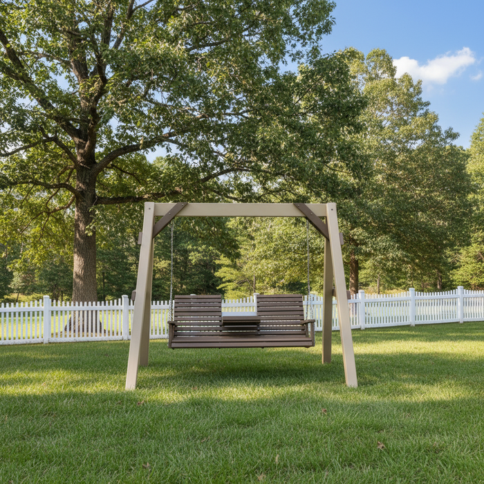 Levi Leisure Poly Swing A-Frame Amish Poly A Frame Front Facing
Amish Poly Vinyl A-Frame
Almond on weatherwood