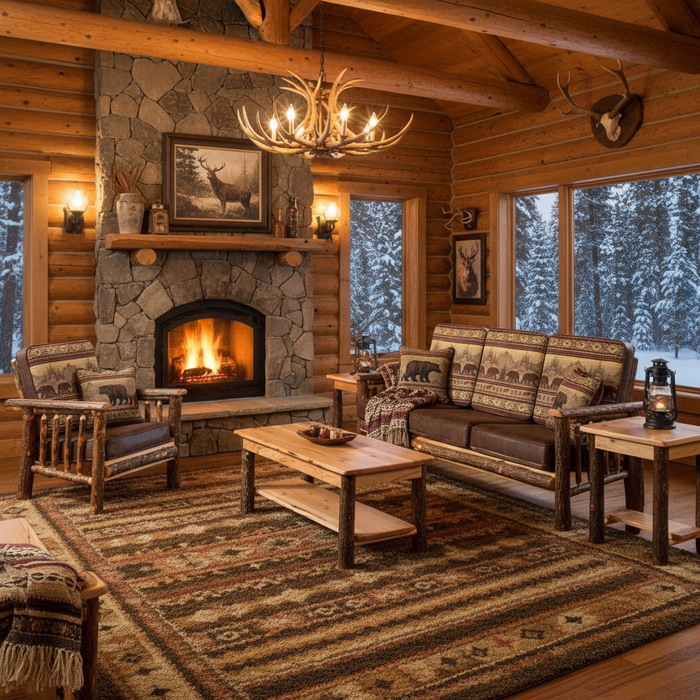 Pocono Hickory Log Cabin Furniture Package | Dining Room, Living Room, Primary King Bedroom and Bunk Bed Spare Room