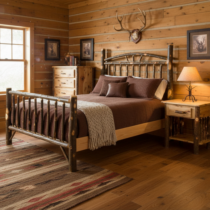 Pocono Hickory Log Cabin Furniture Package | Dining Room, Living Room, Primary King Bedroom and Bunk Bed Spare Room