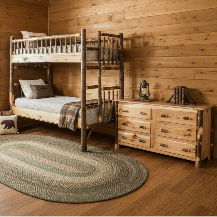 Pocono Hickory Log Cabin Furniture Package | Dining Room, Living Room, Primary King Bedroom and Bunk Bed Spare Room