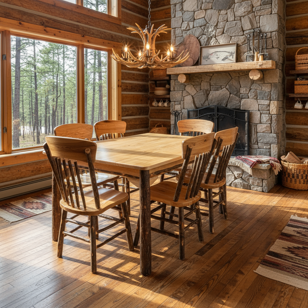 Amish Hickory Log Dining Set with Panel Back Chairs