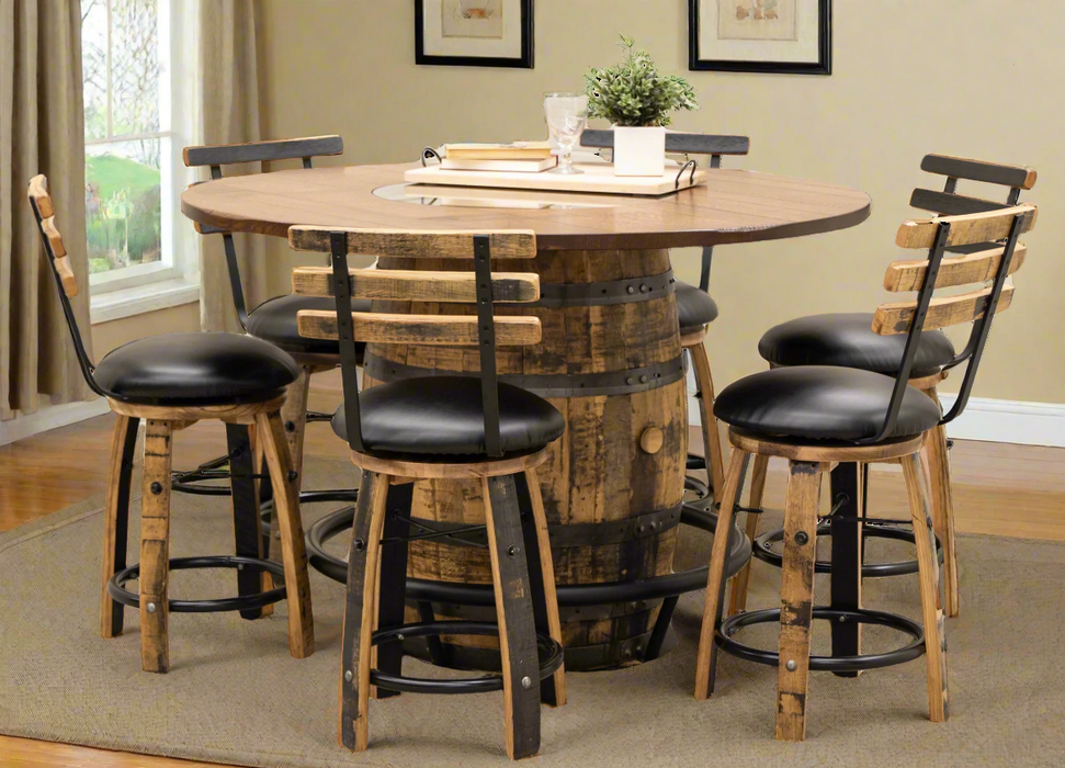Whiskey Barrel  Pub Table with Swivel Barrel Chair Amish Made Front Facing