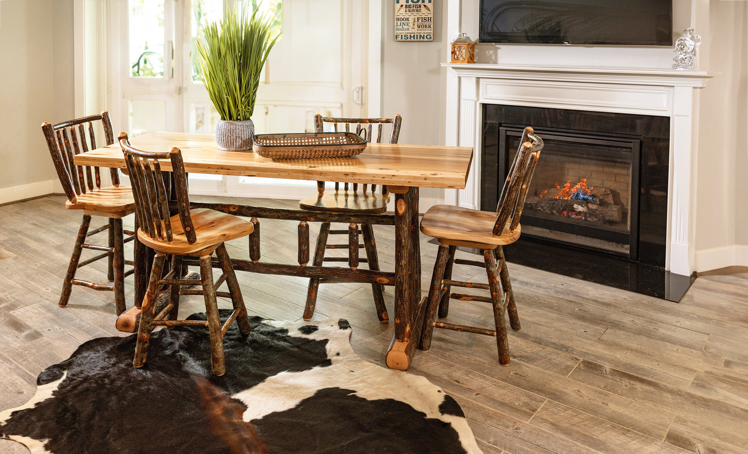 Amish Hickory Log Trestle Counter Set with Stick Back Chairs