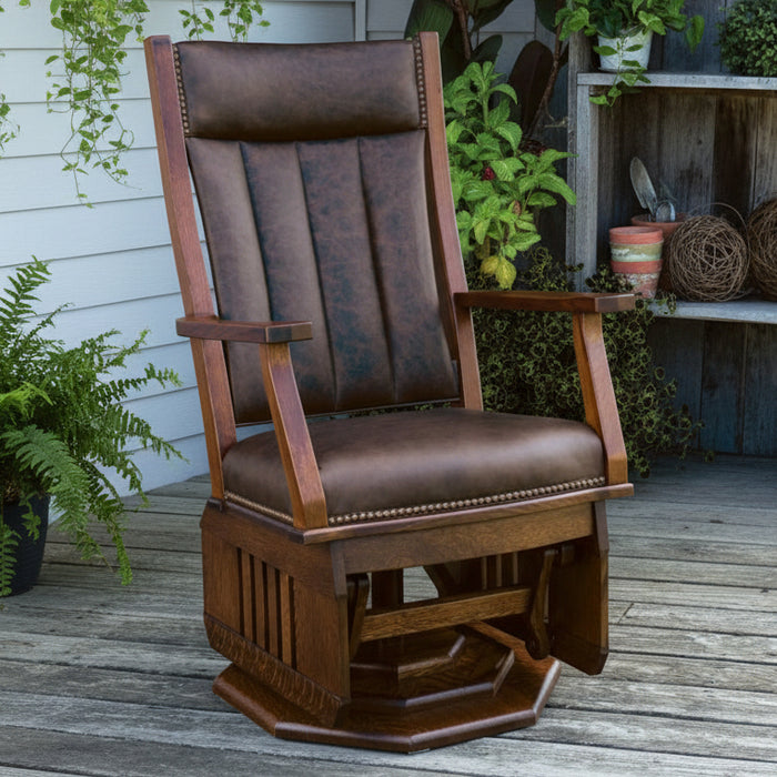 Quick Ship Amish Mission Buckeye Swivel Glider - Buckeye Rockers - Amish Made Leather Swivel Glider - Top Grain Leather Glider - Real Photo