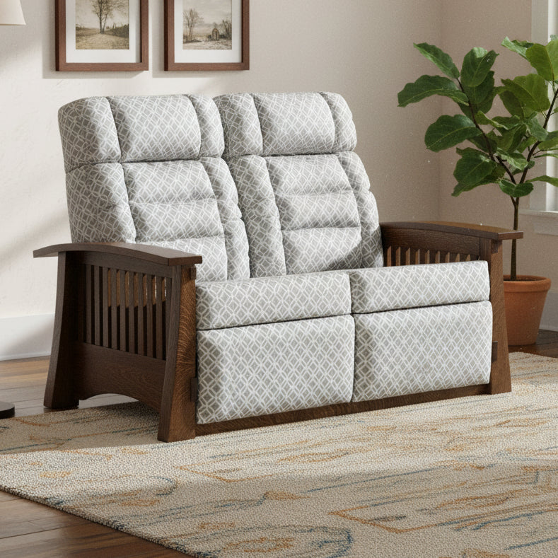 Craftsman Mission Wallhugger Reclining Love Seat Reclining Love Seats Heartland Fabric Indoor Fabric Mission