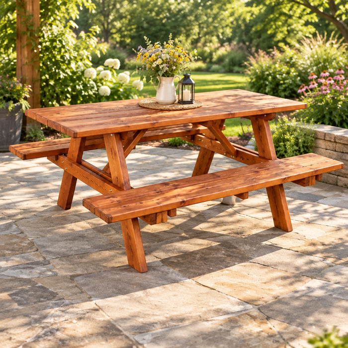 A rustic wooden picnic table with two attached benches, shown from a three-quarters angle on a solid white background.