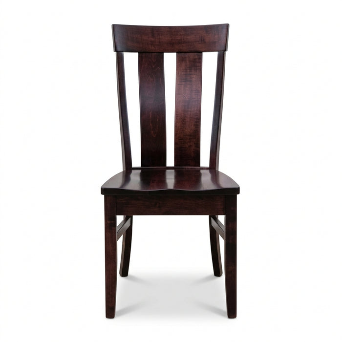 A dark reddish-brown wooden dining chair with a slatted backrest and a square seat, shown on a plain white background.