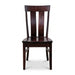 A dark reddish-brown wooden dining chair with a slatted backrest and a square seat, shown on a plain white background.