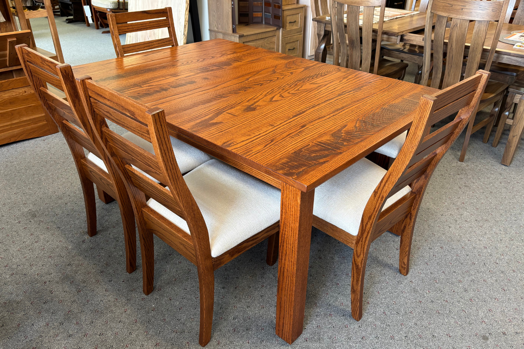 Amish3_SquareLegRoughSawnDiningSet-BennettFabricChairs_Bench