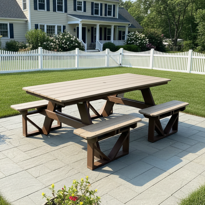 Amish 7' Walk-In Picnic Table - In-Stock - Weatherwood on Brown - Amish Poly Picnic Table 1