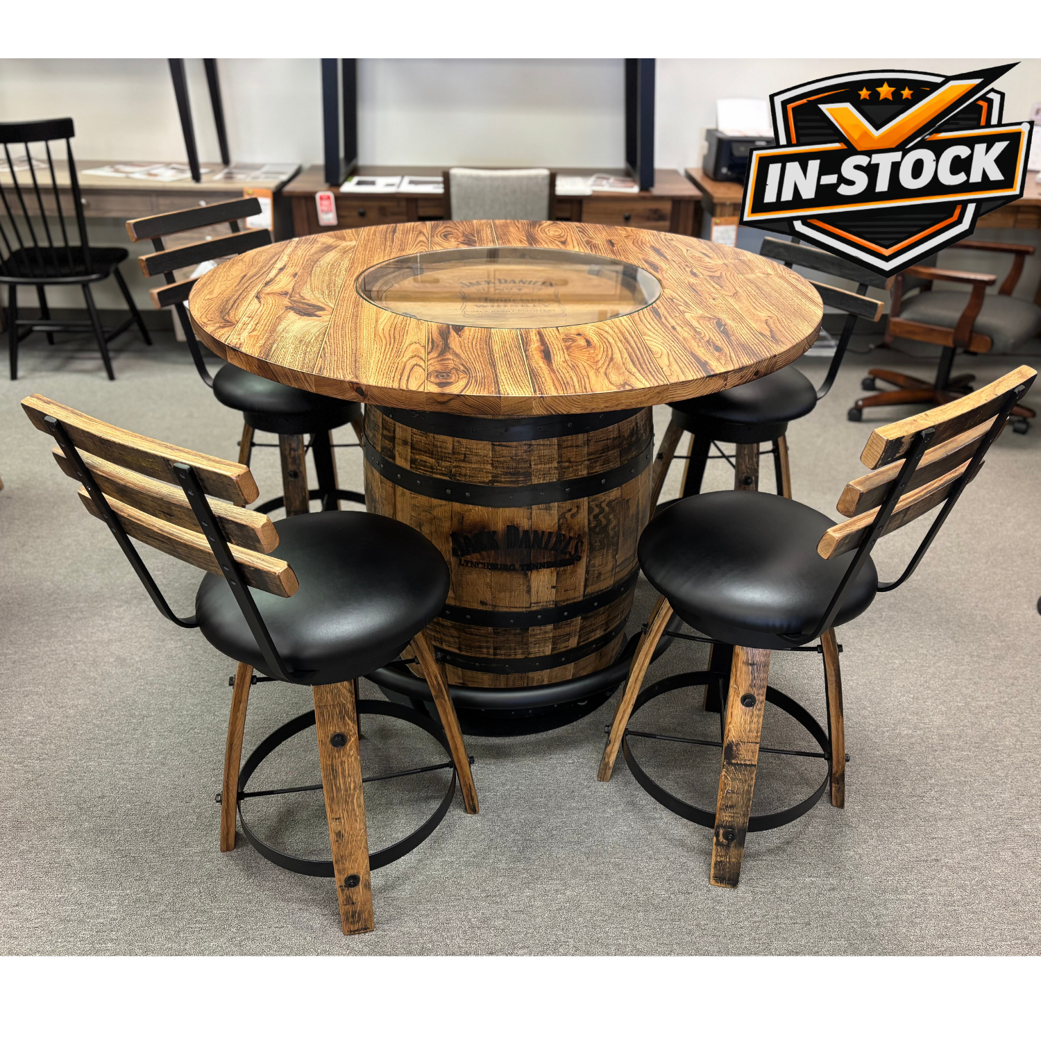 Amish Hickory Jack Daniels Whiskey Barrel Pub Table and Chairs Set - In-Stock