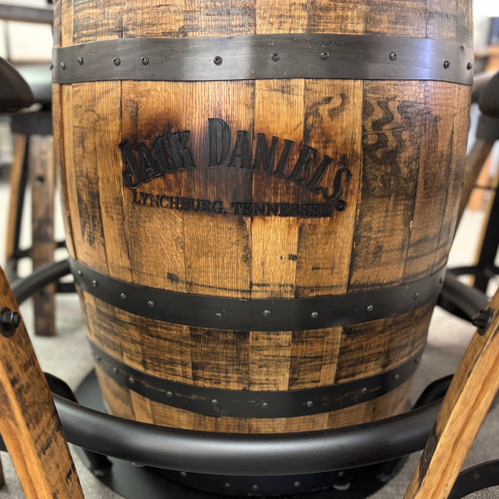 Amish Hickory Jack Daniels Whiskey Barrel Pub Table and Chairs Set - In-Stock