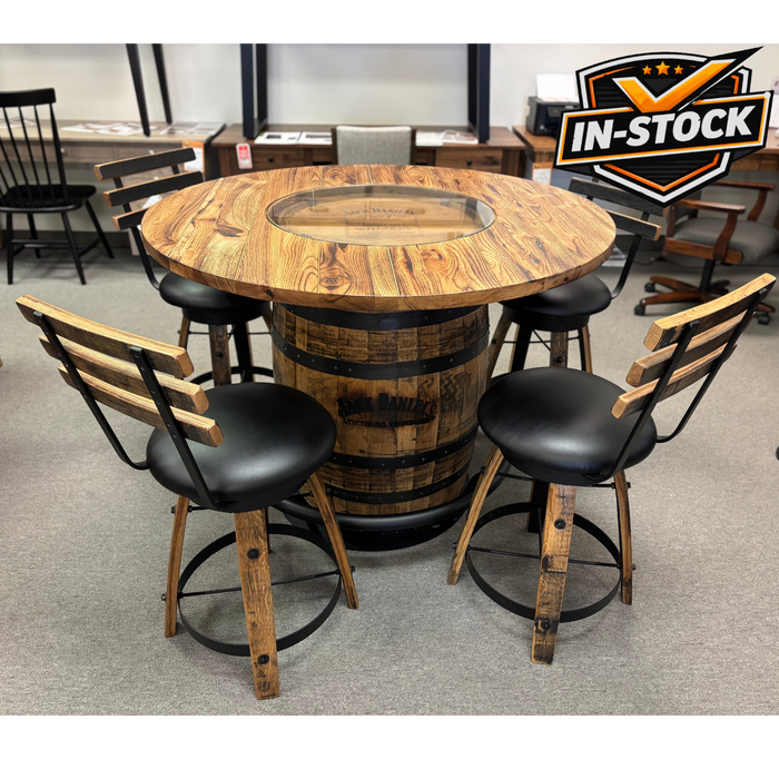 Amish Hickory Jack Daniels Whiskey Barrel Pub Table and Chairs Set - In-Stock