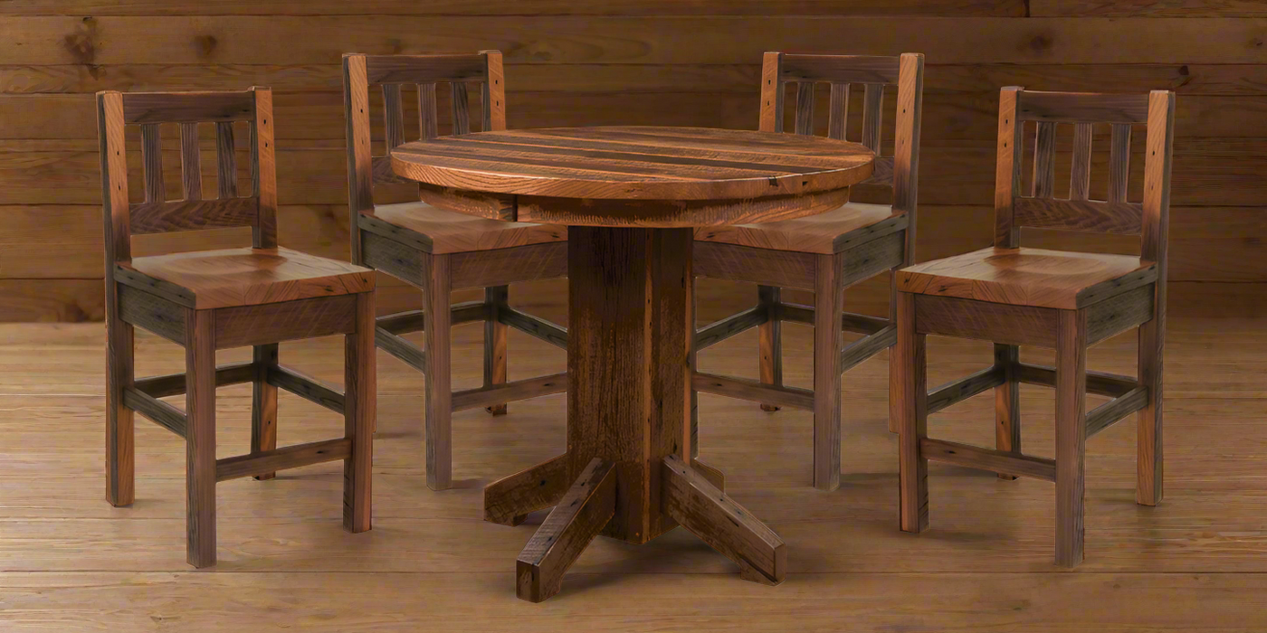 Amish Round Barn Beam Table & Settlers Bar Chairs Pub Dining Sets Reclaimed Barnwood