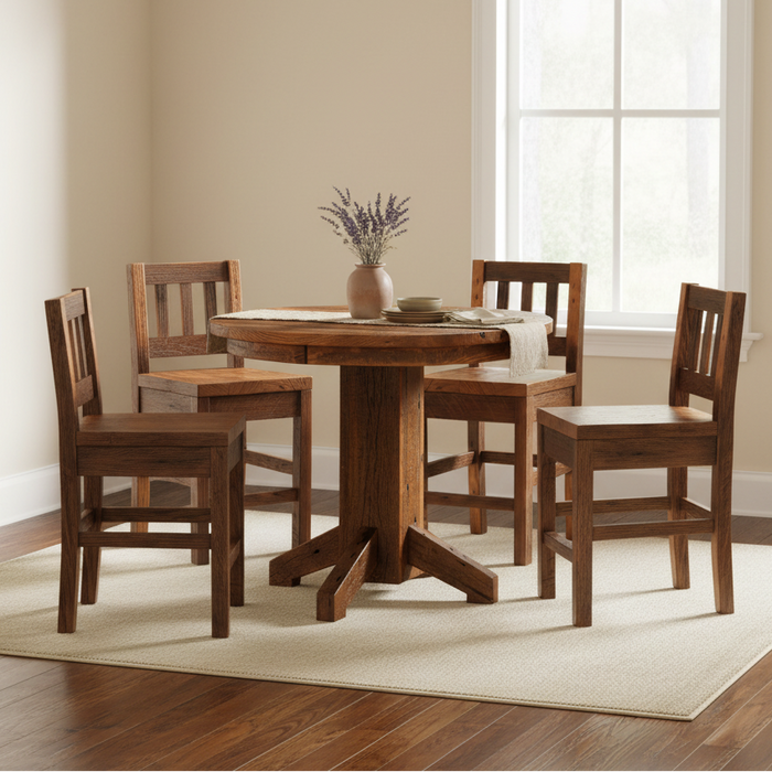 Amish Round Barn Beam Table & Settlers Bar Chairs Pub Dining Sets Reclaimed Barnwood