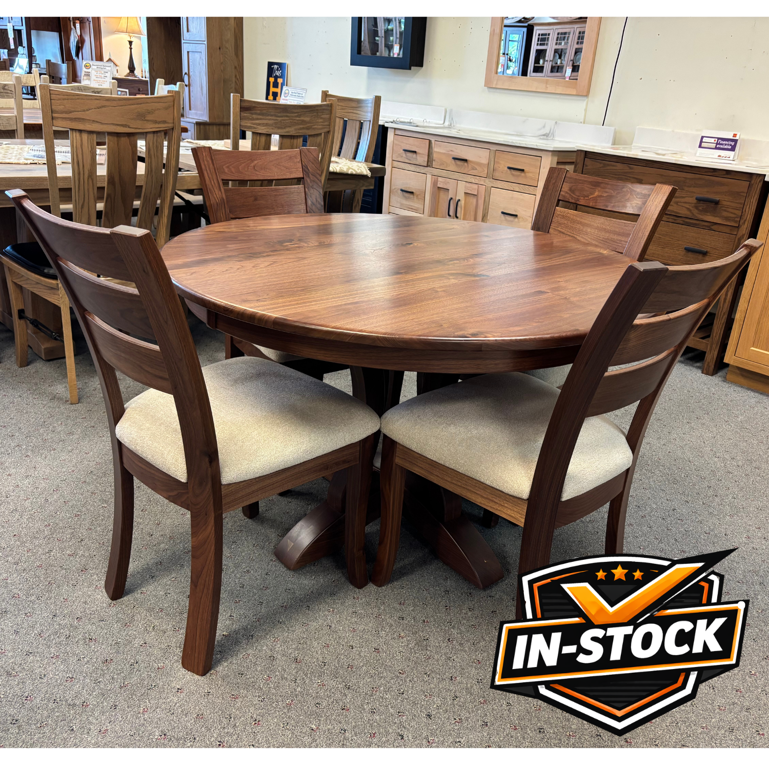Amish Richfield Single Pedestal Dining Set In-Stock - Walnut Wood - Fabric Seat Easton Dining Chairs - Contemporary Walnut Amish Dining Set