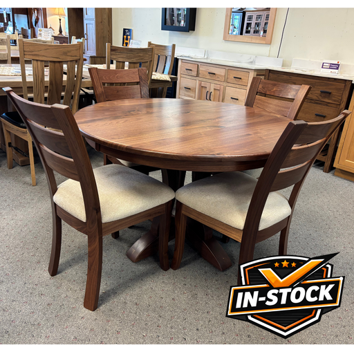 Amish Richfield Single Pedestal Dining Set In-Stock - Walnut Wood - Fabric Seat Easton Dining Chairs - Contemporary Walnut Amish Dining Set
