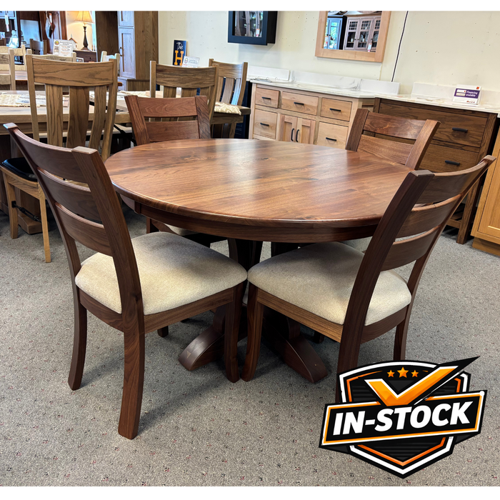 Amish Richfield Single Pedestal Dining Set In-Stock - Walnut Wood - Fabric Seat Easton Dining Chairs - Contemporary Walnut Amish Dining Set