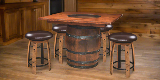 Amish Square Barrel Table With Swivel Fabric Stools Pub Dining Sets Reclaimed Barnwood