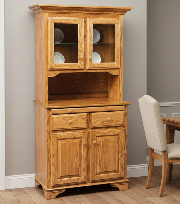 Amish 2-Door Mini Hutch w/ Open Deck
Hardware: 1.25" Wood Knobs
(1) Adjustable Glass Shelf in Top
(1) Adjustable Wood Shelf in Base.