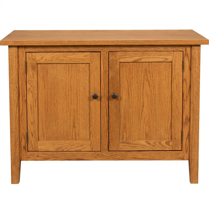A wooden media console cabinet with two glass-front doors, two interior shelves, and dark round knobs, shown against a plain white background.