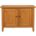 A wooden media console cabinet with two glass-front doors, two interior shelves, and dark round knobs, shown against a plain white background.