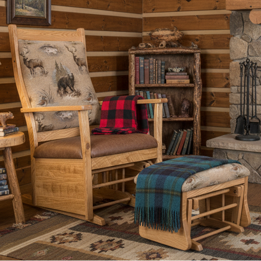 Amish #220 Glenwood Glider - Rough Sawn Oak - Byler's Fabric - Set Photo With Ottoman