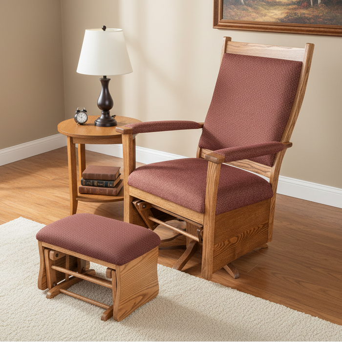 Amish #320 Glenwood Swivel Glider With Padded Arms - Oak OCS-113 Michaels - In-Home With Ottoman