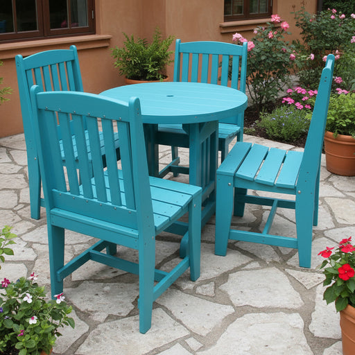 Amish 33" Round Mission Dining Set with 4 Mission Side Chair Aruba Blue Poly Outdoor
