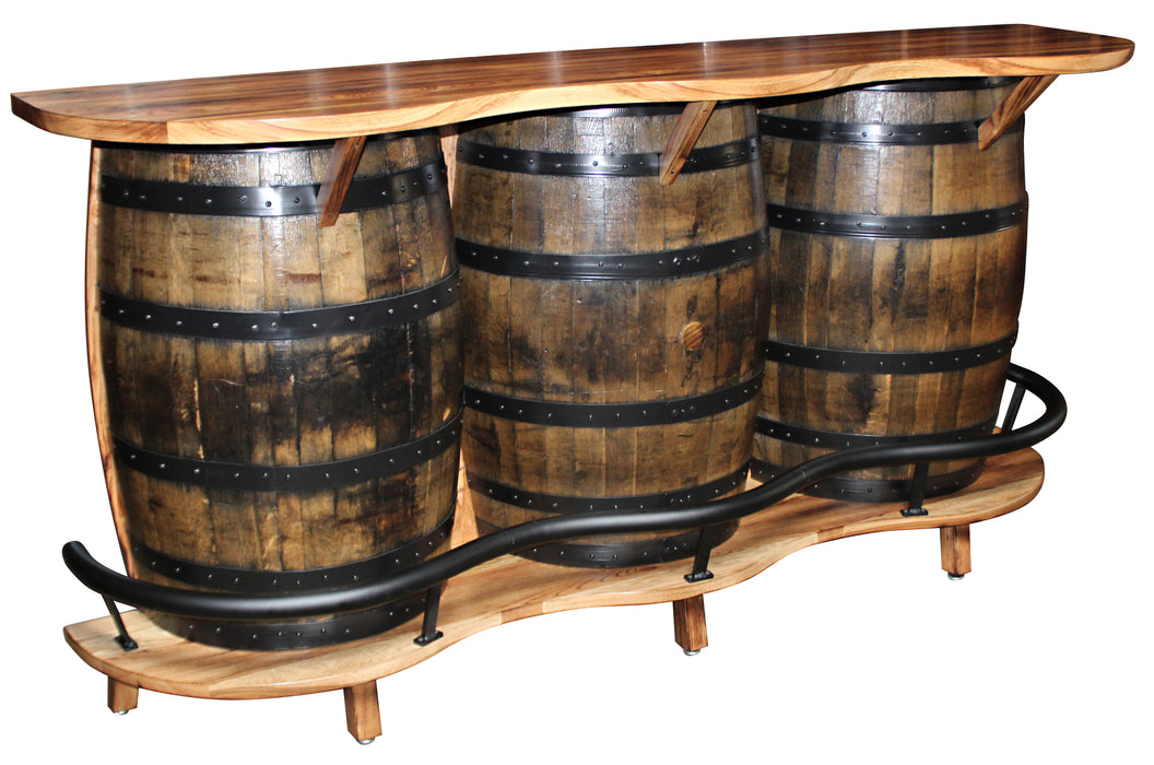 Whiskey Barrel Home Bar with 3 Barrels and Black Metal Foot Rest Amish Made Front Facing