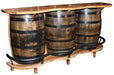 Whiskey Barrel Home Bar with 3 Barrels and Black Metal Foot Rest Amish Made Front Facing