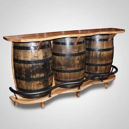 Whiskey Barrel Home Bar with 3 Barrels and Black Metal Foot Rest Amish Made Front Facing