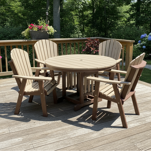 Levi Leisure Amish Poly Outdoor Furniture 48" Round Adirondack Dining Set Weatherwood on Brown Front Facing