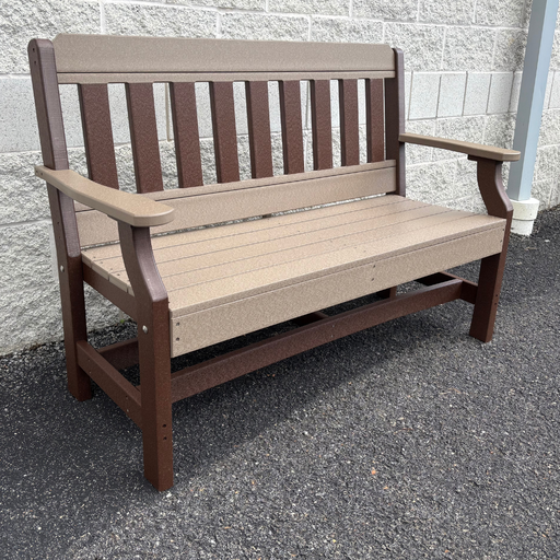Amish 4' Polywood Garden Bench - Tangent Poly - Maintenance Free Outdoor Bench - Weatherwood on Brown 