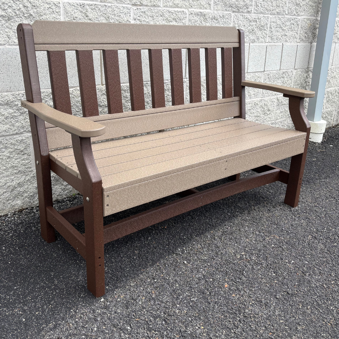 Amish 4' Polywood Garden Bench - Tangent Poly - Maintenance Free Outdoor Bench - Weatherwood on Brown 