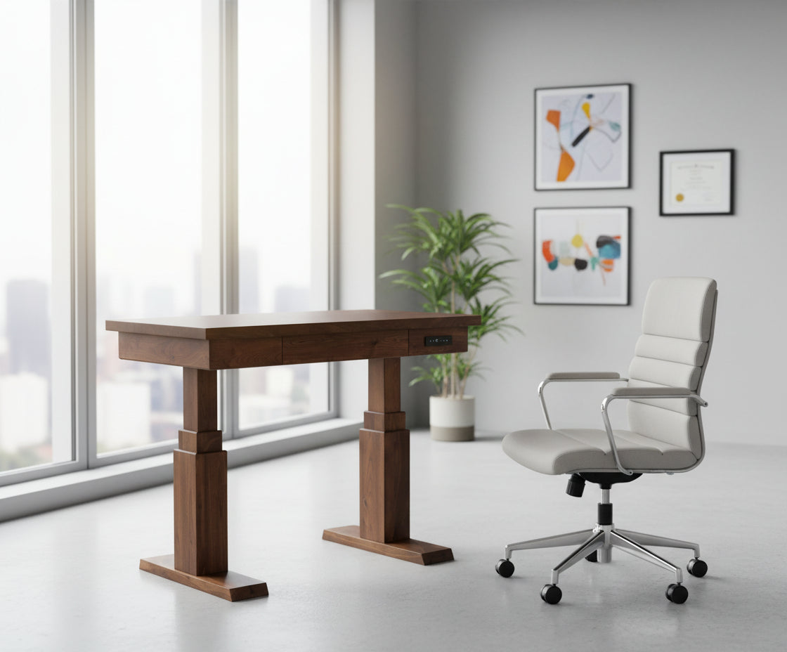 Amish 52" Adjustable Lift Desk
Heavy Duty Duel Motor Lift Adjusts from 75cm to 131cm
Lift Adjustment Controls
Storage Drawer (21.5"W x 17"D x 1.5" H)