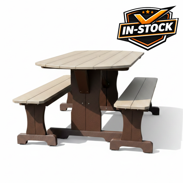 Amish 5' Poly Picnic Table With Benches - In Stock - Weatherwood on Brown 1