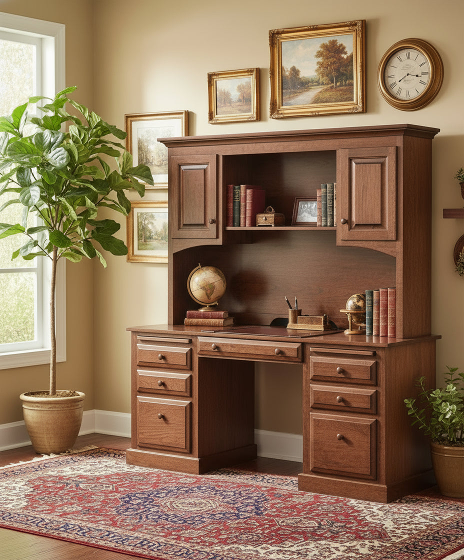 Amish 62" Traditional Double Pedestal Desk and Hutch Double Pedestal Desks Contemporary