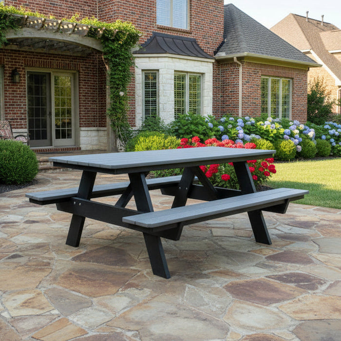 Amish 6' Picnic Table With Attached Benches
Made With HDPE Weather Resistant, Eco-Friendly Material
Rust Proof Stainless Steel Hardware
Maintenance Free!
Choose From 20+ Colors &amp; Color Combinations
 Dark Gray on Black