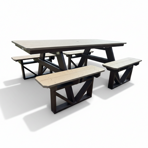 Amish 7' Walk-In Picnic Table - In-Stock - Weatherwood on Brown - Amish Poly Picnic Table