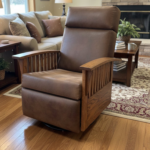 Amish 83 Mission Swivel Glider Recliner - Amish Made Glider Recliner - Solid Oak - In Living Room
