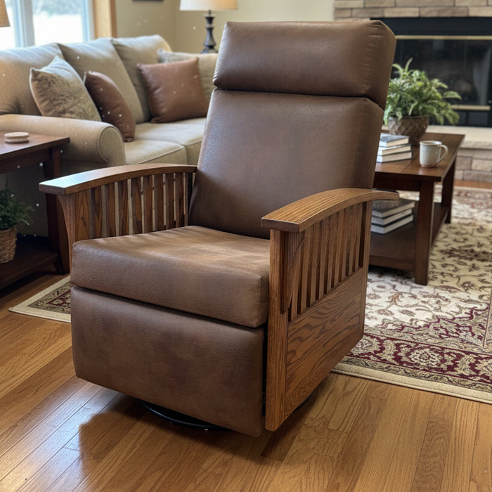 Amish 83 Mission Swivel Glider Recliner - Amish Made Glider Recliner - Solid Oak - In Living Room