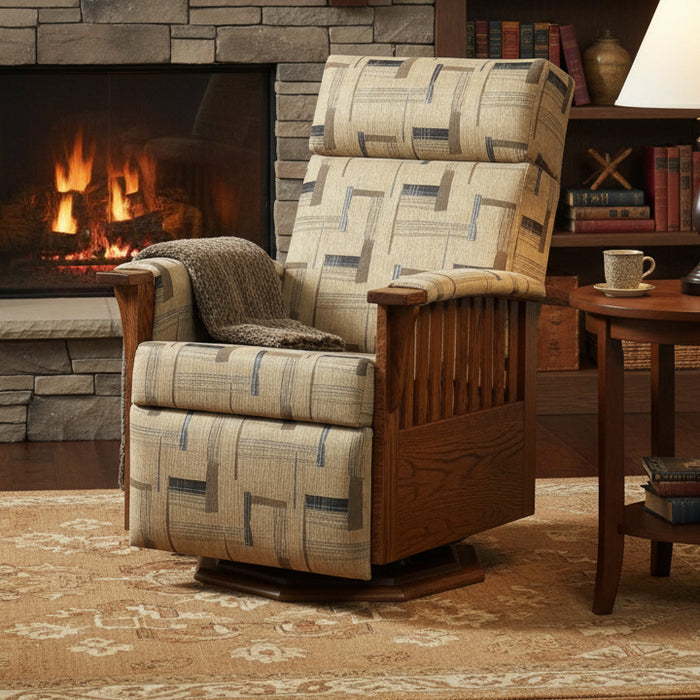 Amish 83 Mission Swivel Glider Recliner Wooden Octagon Base Glider Recliners Heartland Fabric Indoor Fabric Mission