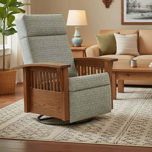 Amish 85 Mission Swivel Glider Recliner Metal Base Glider Recliners Heartland Fabric Indoor Fabric Mission