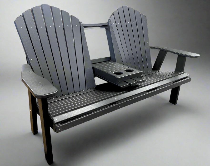 Levi Leisure Adirondack Bench Amish Poly Outdoor Adirondack Bench with Fold Down Cup Holder Center Seat Front Facing