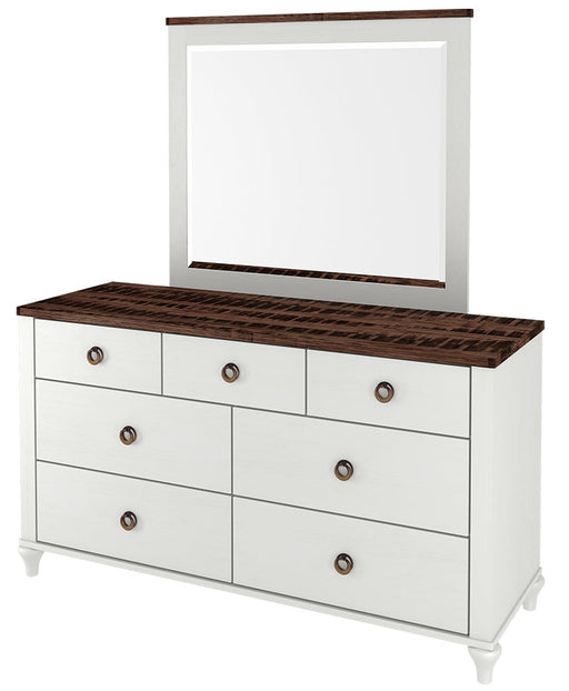 Amish Alcan Low Dresser  shown in two toned with a brown maple painted base and a ruff sawn white oak top with FC-10944 Finish