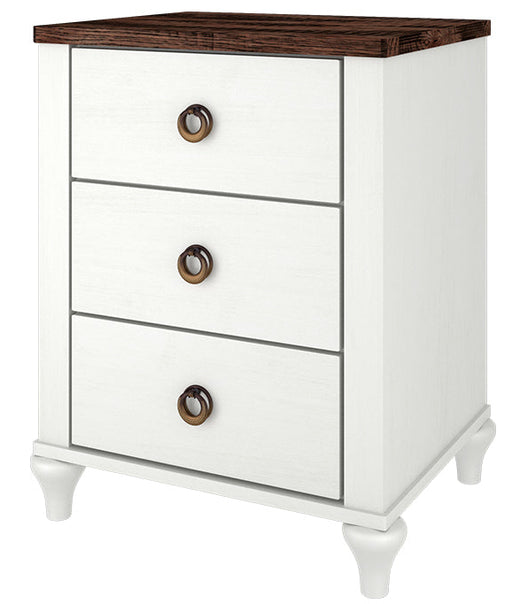 Amish Alcan 3-Drawer Nightstand  shown in two toned with a brown maple painted base and a ruff sawn white oak top with FC-10944 Finish