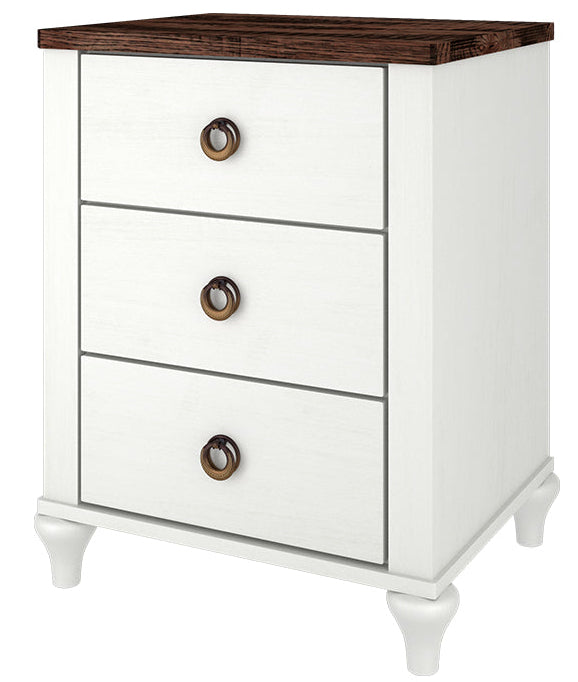 Amish Alcan 3-Drawer Nightstand  shown in two toned with a brown maple painted base and a ruff sawn white oak top with FC-10944 Finish